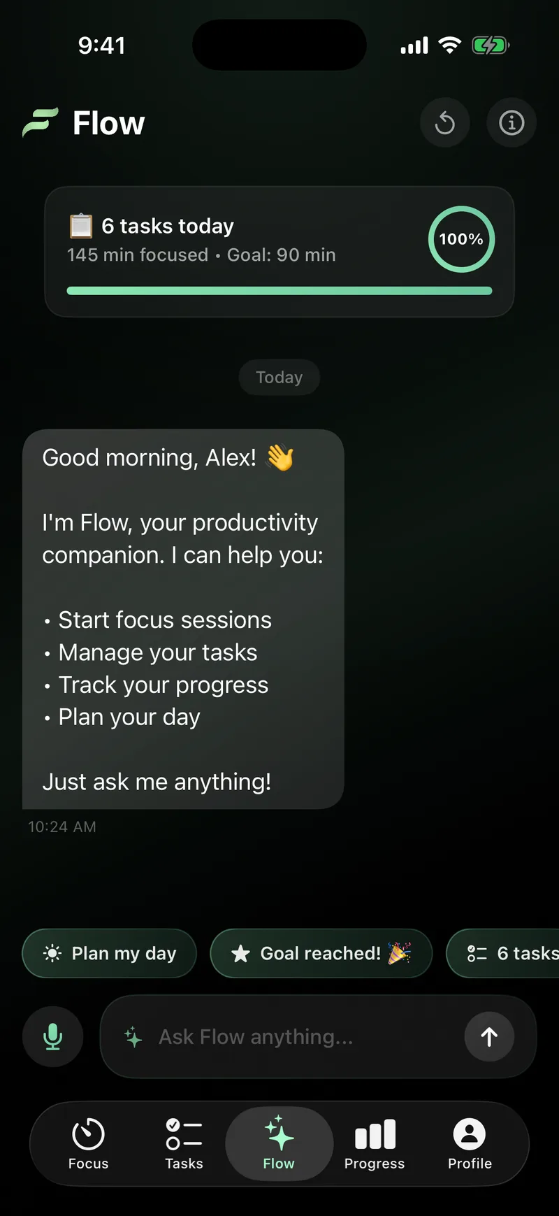 The Flow AI chat on iPhone, greeting the user and offering to plan the day.