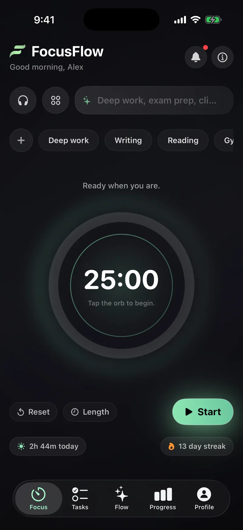 The FocusFlow timer on iPhone, showing a 25 minute session ready to start.