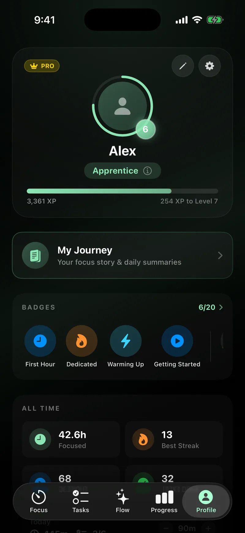 The Profile screen on iPhone, showing level, XP, and earned badges.