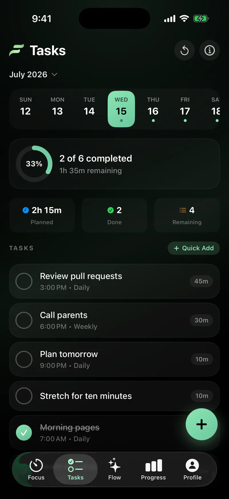 The Tasks screen on iPhone, showing one task done and one still open for the day.